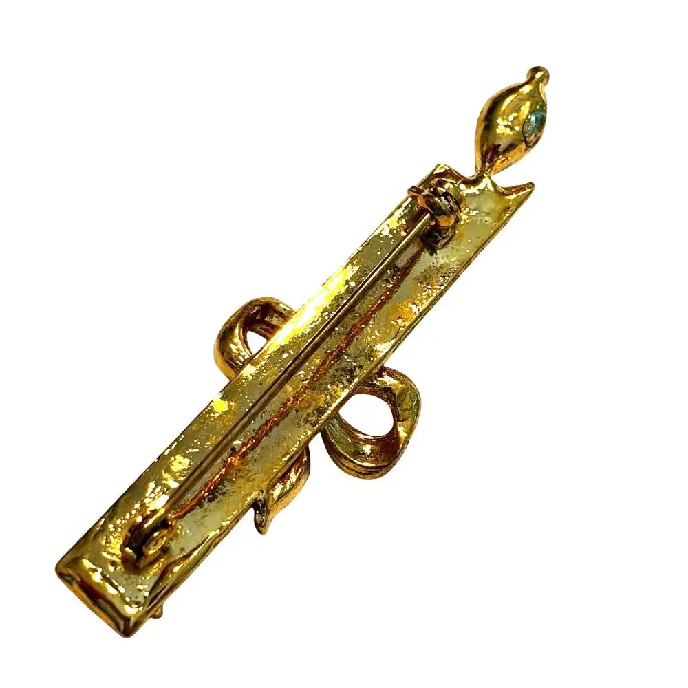 Christmas Brooch festive holiday candle gold & red enamel & clear rhinestones